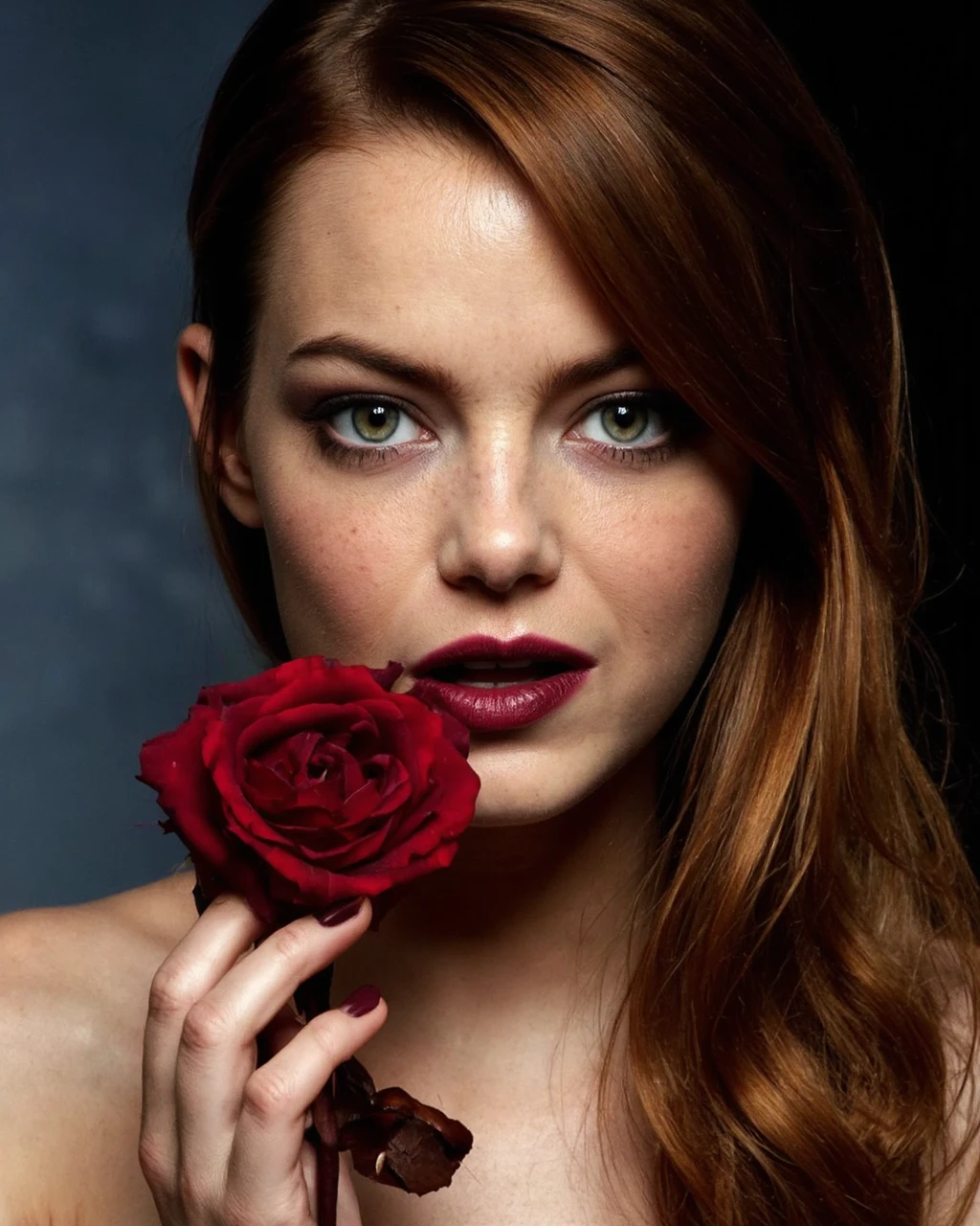 This is a high-resolution photograph of emma_stone with a striking, intense gaze. She has long, wavy brown hair cascading over her shoulders, and her face is framed by a dark, deep burgundy lipstick. Her skin is smooth and tan, with a slight sheen, and her large, almond-shaped hazel green eyes are accentuated by dark, smoky eyeshadow and long, thick eyelashes. Her eyebrows are full and well-defined. She is holding a single, large, velvety red rose with a stem near her lips, adding a touch of dramatic, romantic symbolism to the image. Her nails are neatly manicured and painted a matching deep burgundy. The background is a dark, gradient blue that fades to black, drawing attention solely to her face and the rose. The photograph is styled in a fashion editorial manner, with a focus on high contrast and rich, deep colors. The overall mood is one of intense, passionate beauty.