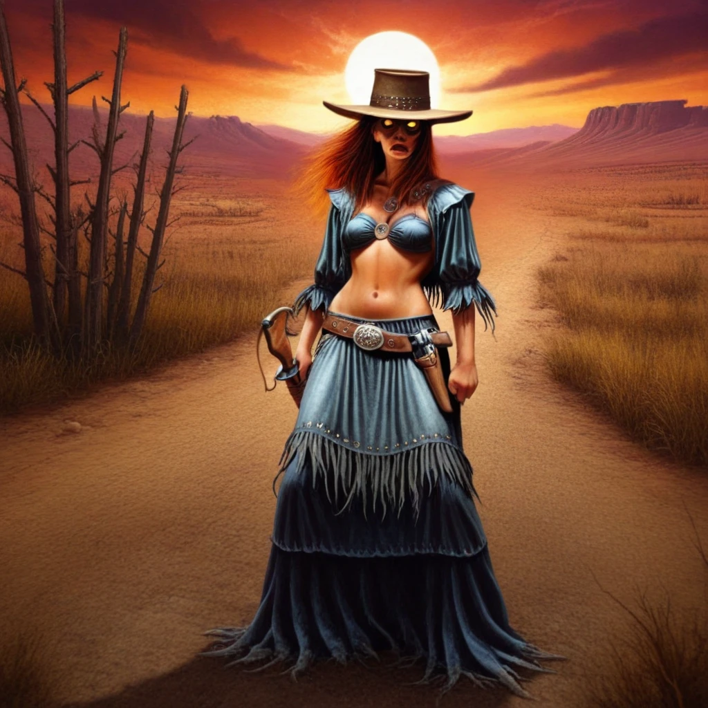 Horror-themed  <lora:Wild_West_Wild_Frontier_Outlaws:1>ovtlawz,dark fantasy, ultra realistic painting, (Julie Bell), Female outlaw in 1850s Wild West attire, a long leather duster, wide-brimmed hat, and dual holstered revolvers, standing confidently in a dusty desert landscape, golden sunset casting dramatic long shadows, wind blowing dust across the scene, cinematic wide-angle shot, photorealistic, vibrant warm tones, intense and heroic. . Eerie, unsettling, dark, spooky, suspenseful, grim, highly detailed