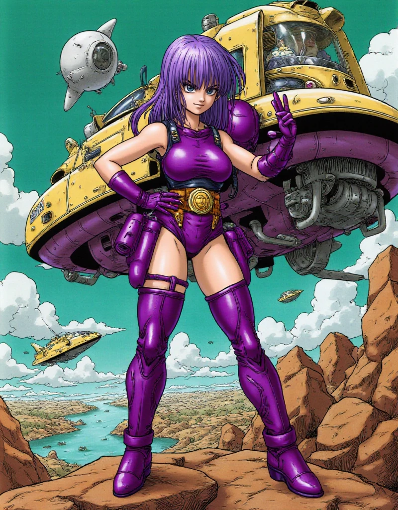 <lora:Akira_Toriyama_Style:0.9> akira toriyama style, a full body purple hair woman wears a futuristic armor suit. She pose in front of a spaceship