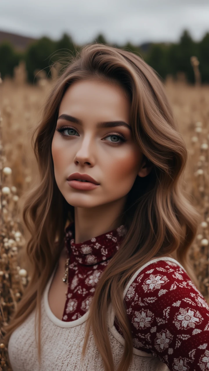 grand Portrait, landscape of a (woman selfie in a cozy surrounding:1.1) , reeds, at Overcast, gorgeous, close-up, aidmaChristmasOutfit