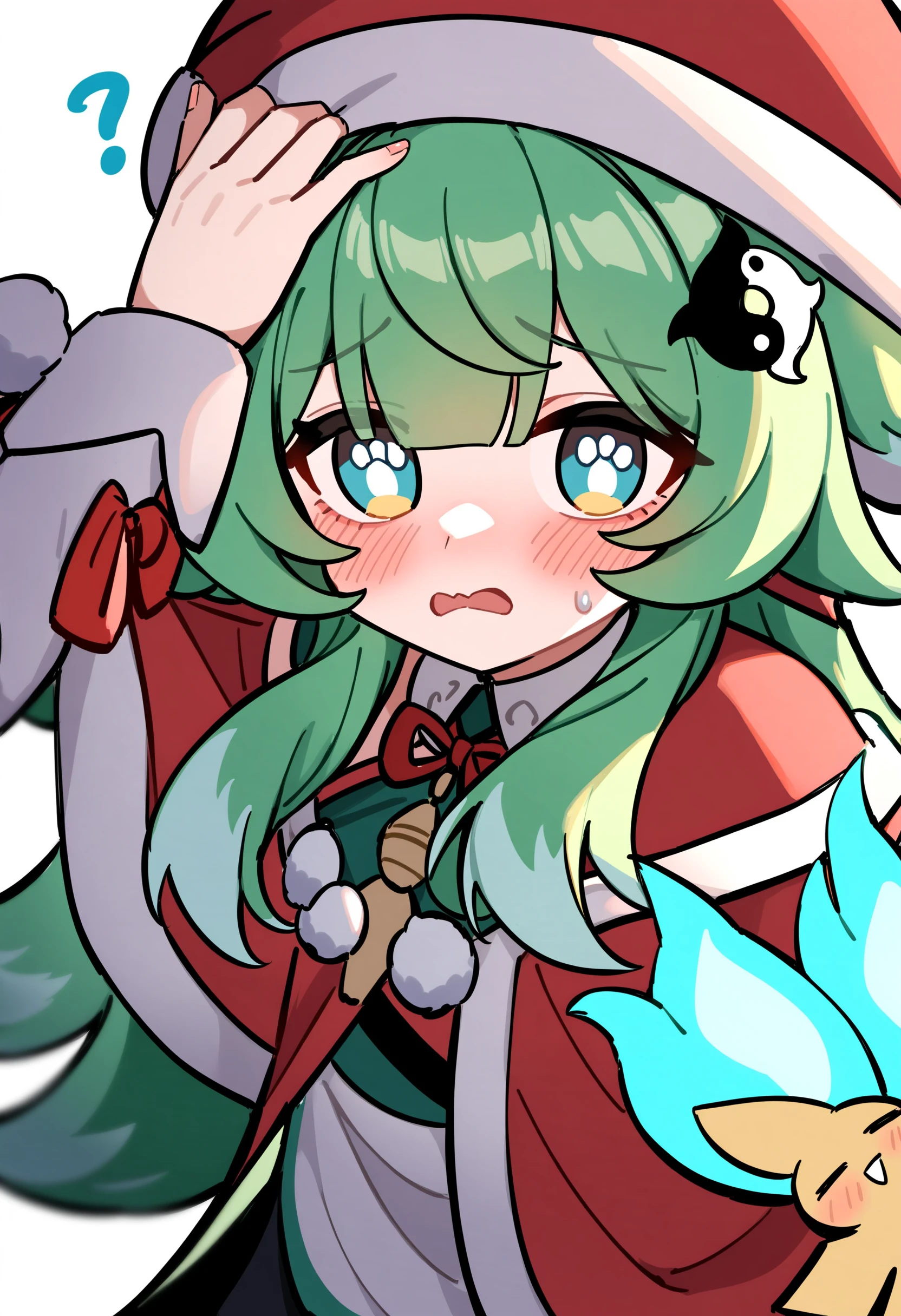 masterpiece,best quality,very aesthetic,absurdres,paw-shaped_pupils,
1girl,?,arm_up,blue_eyes,blush,capelet,christmas,close-up,confused,creature,fingernails,flying_sweatdrops,fox_girl,green_hair,hand_on_own_head,hat,hat_ornament,highres,honkai:_star_rail,honkai_(series),huohuo_(honkai:_star_rail),long_hair,long_sleeves,looking_at_viewer,merry_christmas,nage_(sacosui_ng),neck_ribbon,parted_lips,pom_pom_(clothes),portrait,red_capelet,red_hat,red_ribbon,ribbon,santa_hat,sidelocks,simple_background,solo,sparkle,spirit,sweatdrop,tail_(honkai:_star_rail),white_background,yin_yang,
<lora:HuoHuo1.1-000045>,