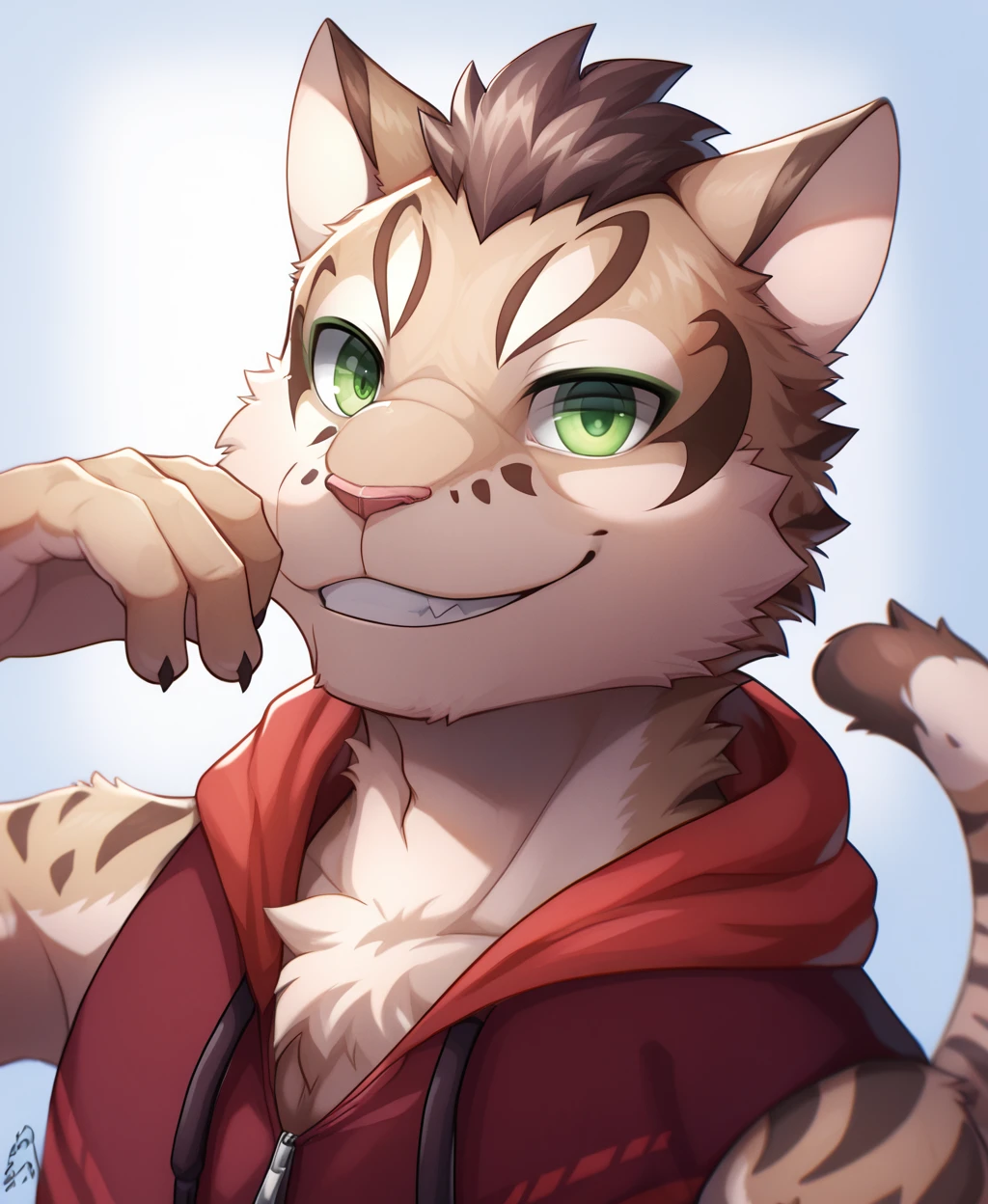 <lora:add-detail-xl:3>, detailed, detailed eyes, detailed fur, male, tail, (solo), <lora:Shu-ChiXL:1>, yan shu chi, pose, posing, sexy pose, looking at viewer, hoodie, sleeveless, smile, grin, upper body,