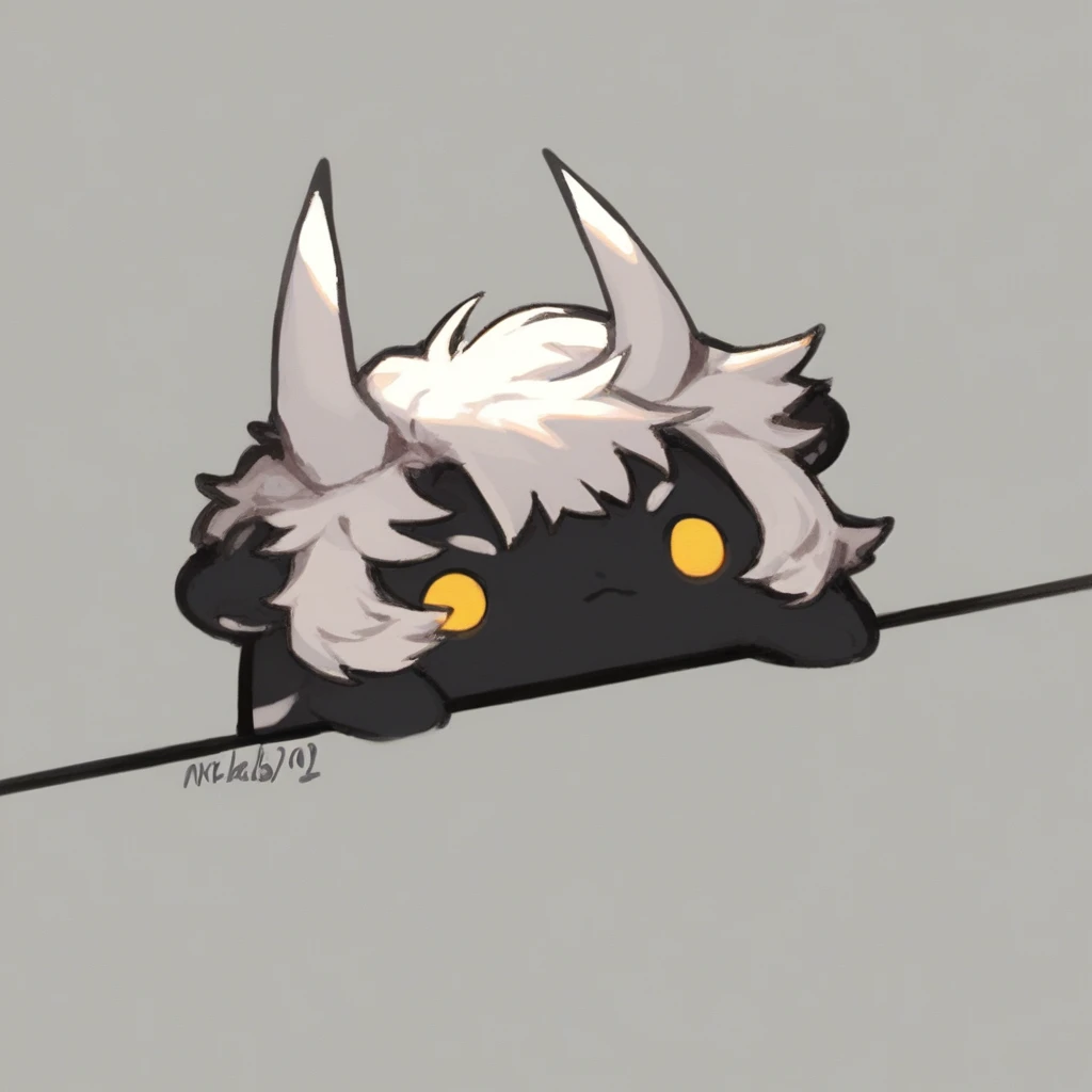 score_9, mikus-concept, upper body, eyes dot, black fur, yellow eyes, white hair, white horns, black sweater, white hair, black line