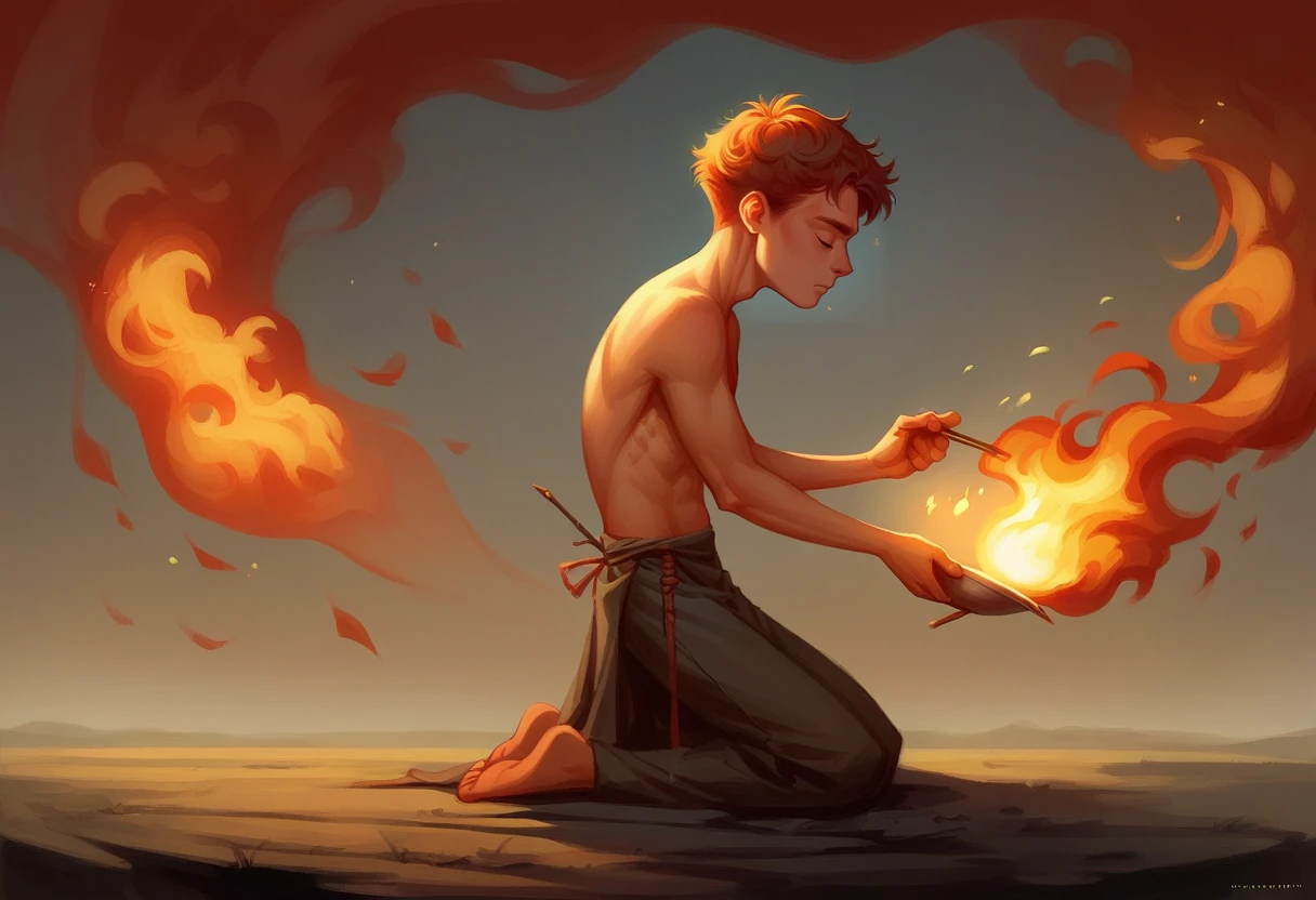 score_9, score_8_up, score_7_up, score_6_up, score_5_up,   <lora:SebMcKinnonPXL:1> painting \(medium\), seb mckinnon, web address, watermark, fire, solo, 1boy, short hair, from side, artist name, male focus, kneeling, holding, topless male, closed eyes, sitting, profile