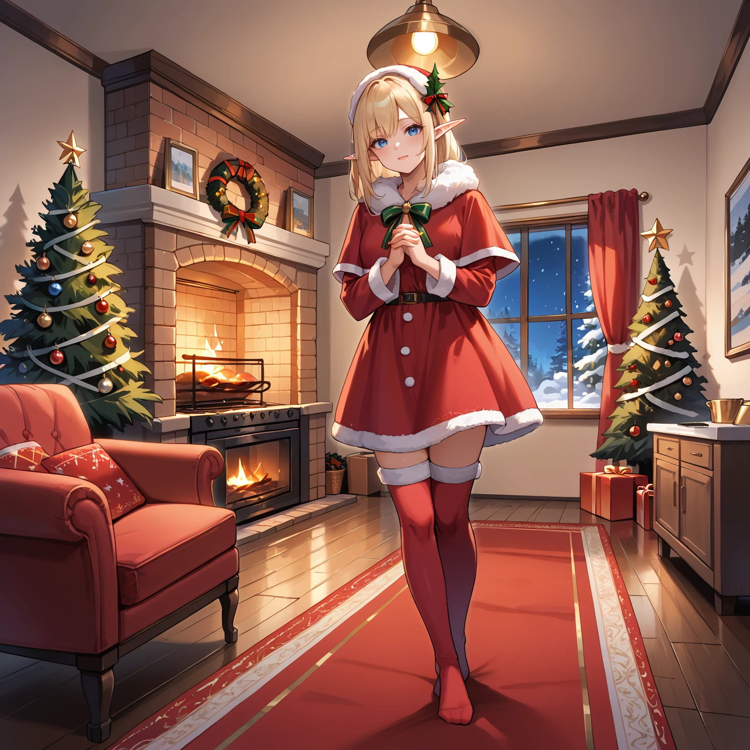 score_9, score_8_up, score_7_up,source_anime,  <lora:Christmas living room:0.6> chrlib, scenery, indoors, living room, night, oven, christmas tree, christmas ornaments, red carpet, 1girl, elf, christmas dress, blue eyes, red thighhighs, fur trim, own hands together, snow on head, trembling, dutch angle, cowboy shot, looking at viewer,