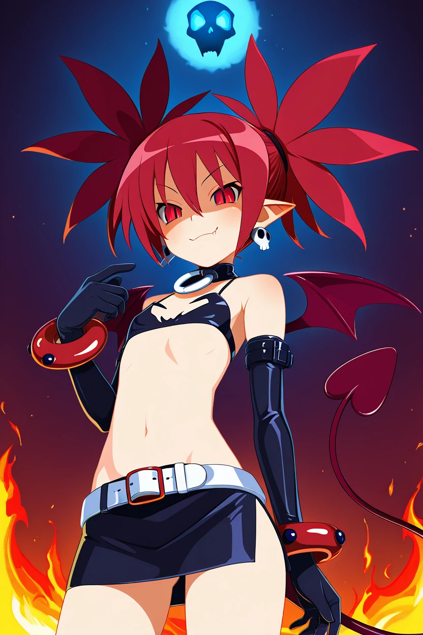 Etna, 1girl, solo, short hair, skirt, red eyes, gloves, navel, hair between eyes, twintails, jewelry, closed mouth, tail, red hair, cowboy shot, earrings, wings, choker, pointy ears, black gloves, elbow gloves, midriff, belt, miniskirt, black skirt, flat chest, bracelet, transparent background, demon girl, bat wings, spiked hair, slit pupils, demon tail, buckle, o-ring, demon wings, skull, mini wings, skull earrings, o-ring choker, etna (disgaea),  from below, evil smile, danger, sparkle, fire, glowing eyes, fang,    smile, looking at viewer,   ,<lora:HaradaTakehitoIXL_v3:1.0>,