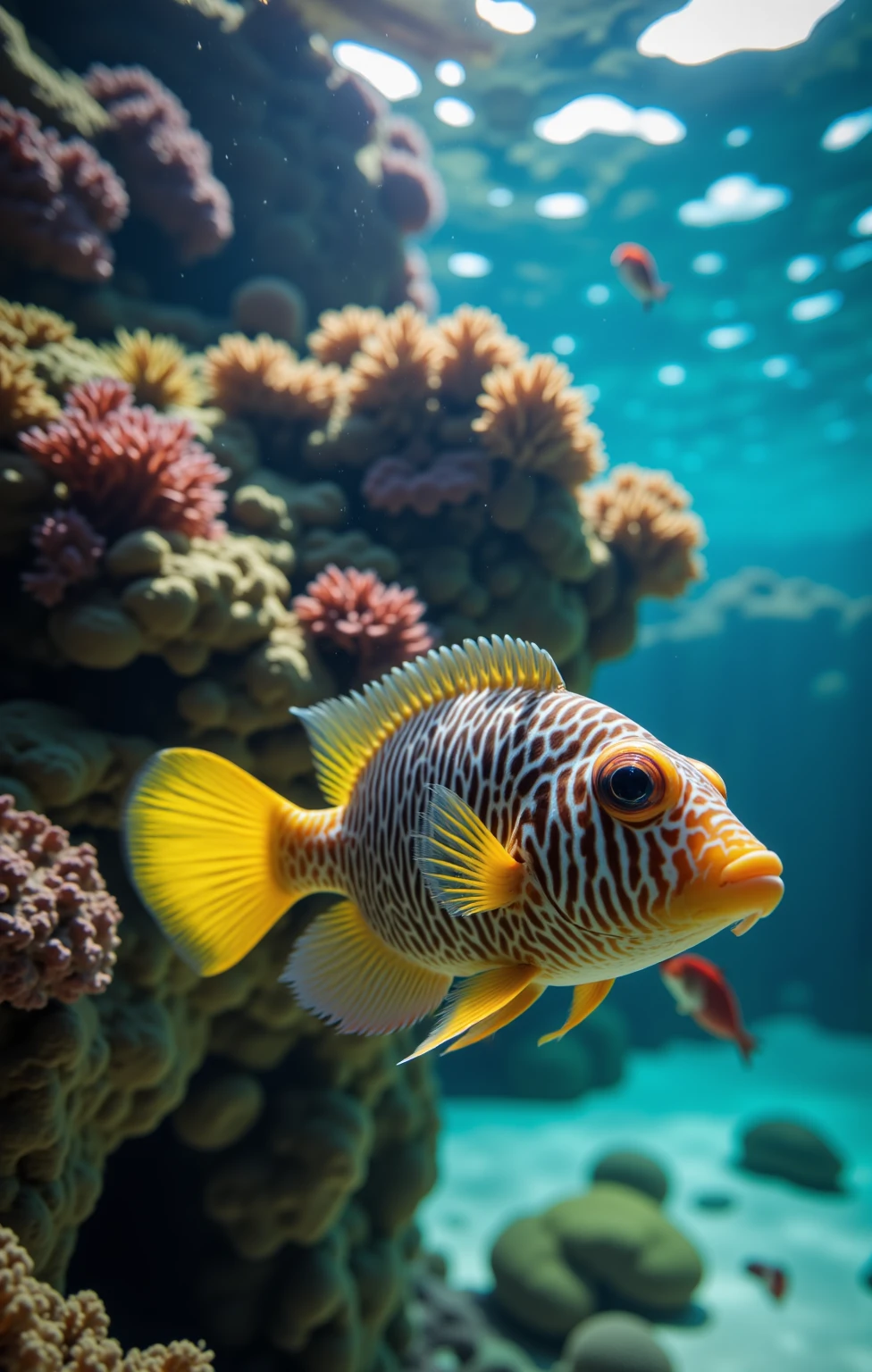 Underwater_Photography,Asian_Girls,Underwater_Photography,Vividly colored fish with a striking pattern,swimming in an underwater coral reef environment,