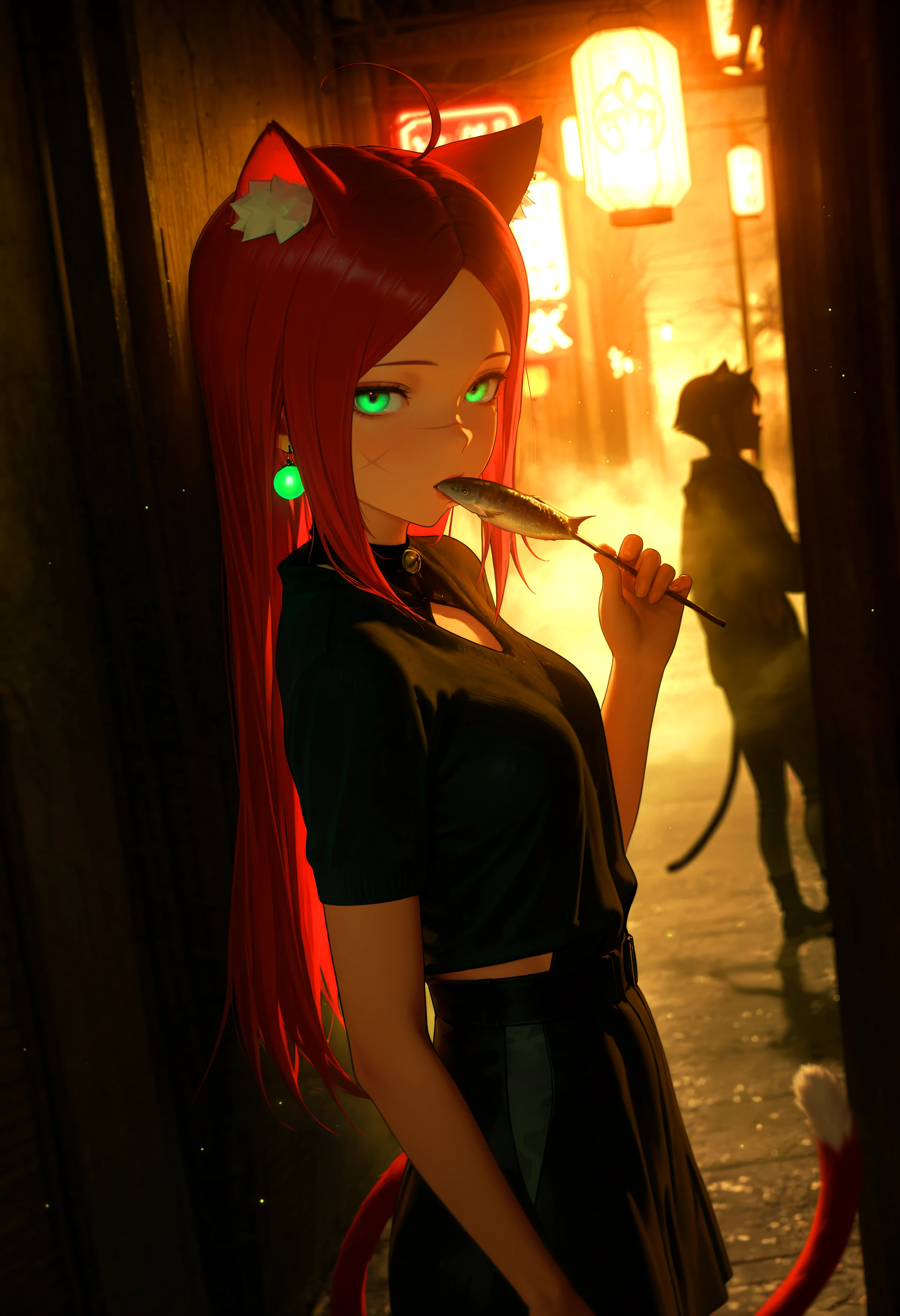 HDR, 8K, high contrast, masterpiece, best quality, amazing quality, very aesthetic, high resolution, ultra-detailed, absurdres, newest, scenery, crazy shadow, dynamic angle, chiaroscuro, fish, fish on a stick, neon lights, horns, 1girl, jewelry, red eyes, earrings, holding stick, gw_char, cat girl, cat ears, animal ears, animal ear fluff, green eyes, long hair, red hair, ahoge, small breasts, scar, scar on face, tail, cat tail, eating, food, holding, looking at viewer, cyberpunk, glowing, solo focus, lantern, fog, BREAK, photorealistic, beautiful detailed eyes, detailed skin, detailed hair, volumetric lighting, dappled light, light particles, dramatic shadows, cinematic lighting, photo background, depth of field, <lora:IL\KMS_GW_Char_IL:0.8>