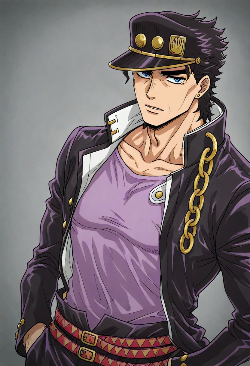 solo, <lora:age_control_XL_illustrious-noob_v2:1.5>  old man,  kujo jotaro, 1boy,, best quality, high quality,masterpiece, highres,neswst