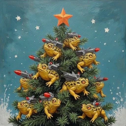 Oil painting of christmas tree that was decorated with multiple Missile Toads a toads that have rocket missle tied to it's back