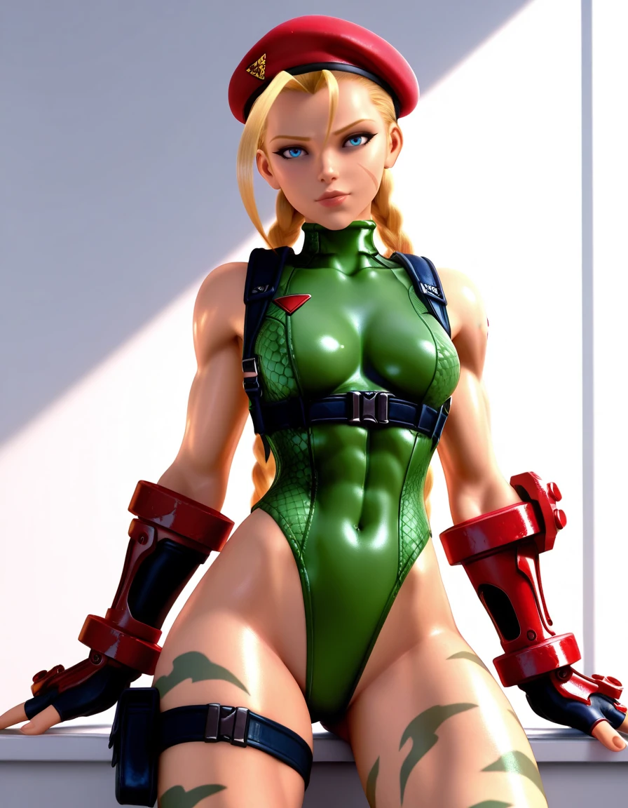 Photo of cammyst in a fight scene, fighting enemies, bar fight, cinematic, wood debris, with her long blonde hair, blue eyes, sexy green leotard, fighting, martial arts, a red beret, red beret, and sporting a stylish braid at each side of her head, cleavage