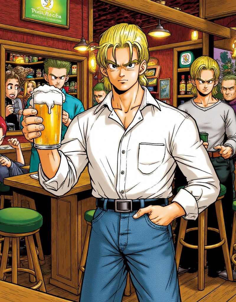 <lora:Akira_Toriyama_Style:0.9> akira toriyama style, a blond man wears a white buttondown shirt and jeans. He holds a beer in a pub