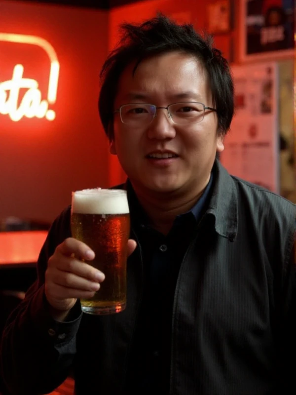 <lora:Hiro:0.9> hiro nakamura, a man with glasses. He holds a beer in a japanese pub. Neon sign with text "Yatta!"