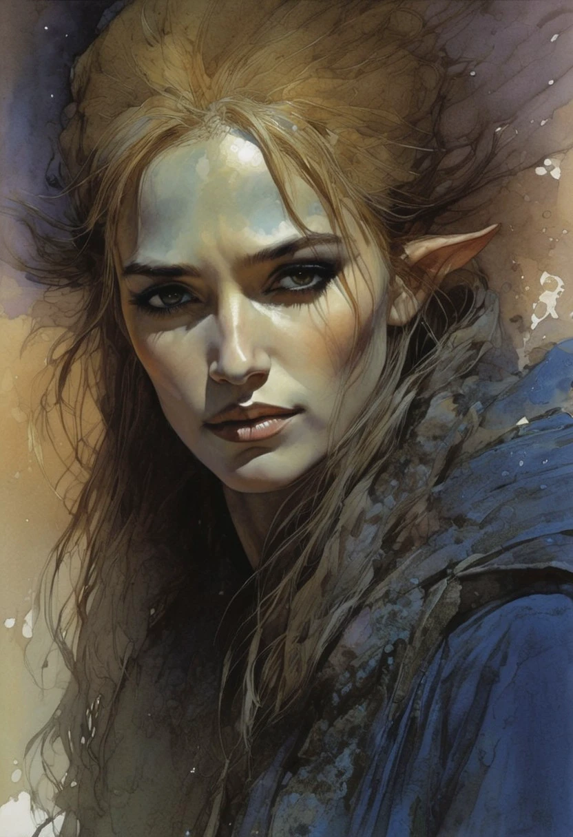 ( Masterpiece, Best Quality, Highres:1.4), (dramatic, cinematic:1.2) color wash, ink wash, illustration, storytelling, ligne claire portrait of Dalelands githyanki rogue with long elf ears, by Chien Chung Wei, Jaroslava Korol, carson ellis, nixri, Travis Charest, Emile Friant, Adam Hughes with bill sienkiewicz and marilyn minter influence, 70s folk cinema palette :: very small nose, (detailed anatomy and defined musculature:1.0) prominent cheekbones, looking at viewer, (tired depressed frustrated expression:1.2), focus on the face, strong stance, impressive view, deep salt-desert backdrop (sand, clay and ultraviolet hues:1.0) high-contrast lighting (rough details, (male focus:1.5):1.2), (desaturated, cold lighting:1.4) (hyperdetailed, absurdres:1.15)