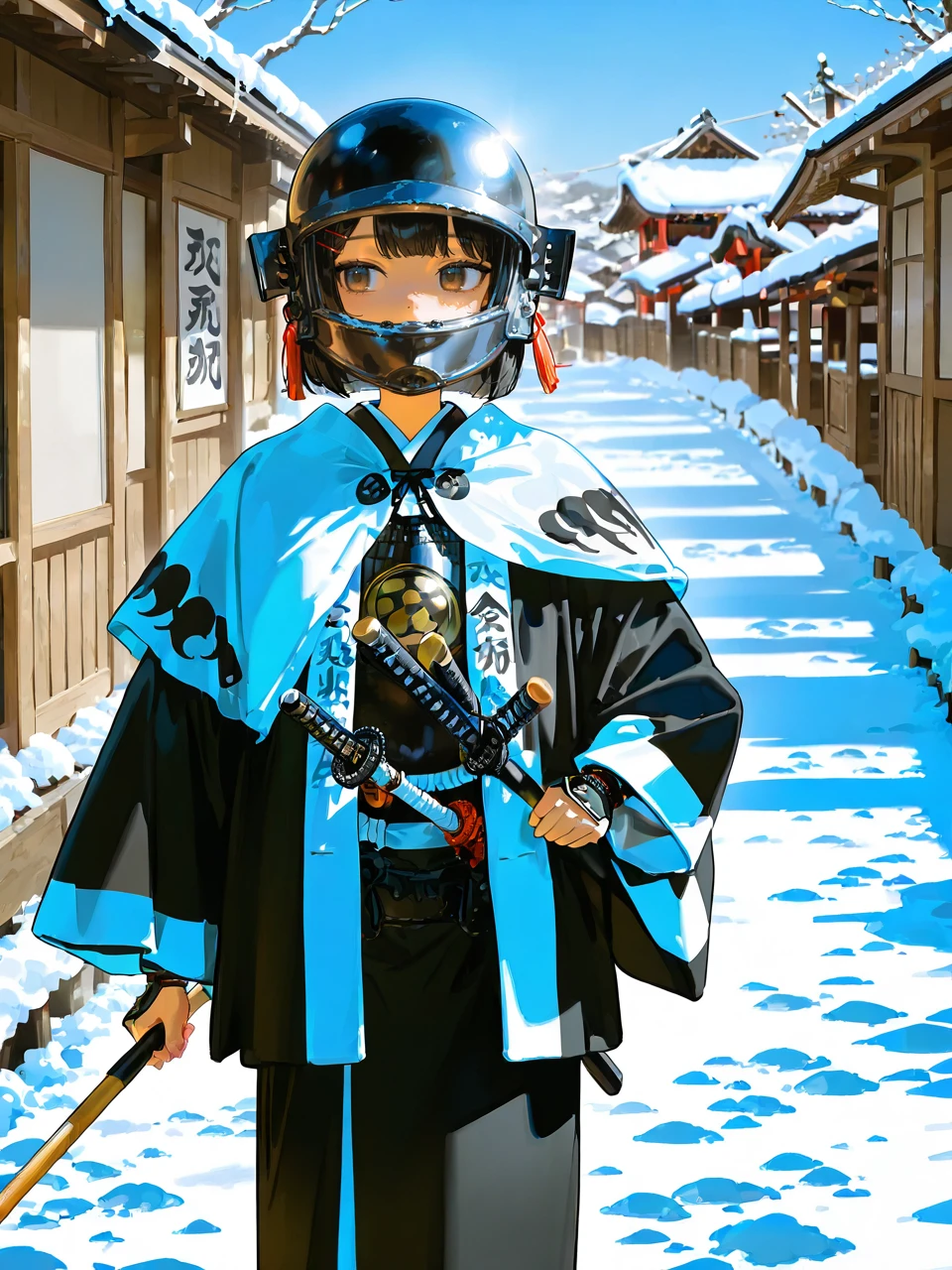 1girl, young girl, round face, down turned eyes, short hair, hair clip on front, 
black and white samurai costume, black and white kimono, black and white haori, black iron round helmet, holding direction stick, 
outdoors, snow, old japanese town,
latest, masterpiece, best quality, very aesthetic, absurdres, high resolution, ultra detailed, detail,
general, kajishozoku, <lora:BushiKajiShozoku_Illustrious:0.8>