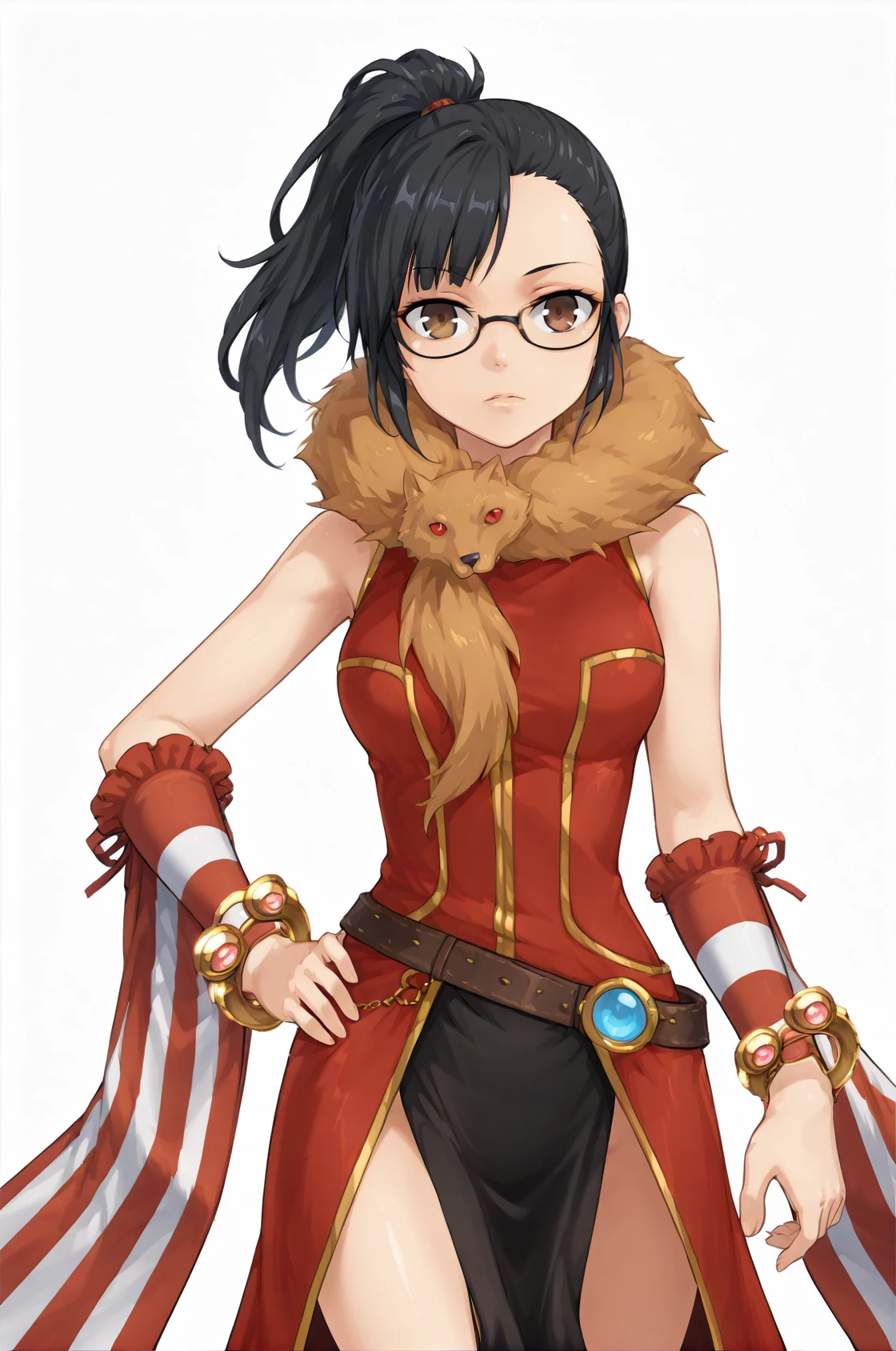 looking at viewer, 1girl, solo,
profRO, animal around neck, bangle, striped sleeves, long dress, wide sleeves,  red dress, black pelvic curtain, belt, bracelet, detached sleeves, arm warmers,
black hair, brown eyes, ponytail, asymmetrical bangs, glasses,
standing, upper body, 
 hand on hip,
white background, empty background,
<lora:profRoIllustriousV1.2-000007:0.95>