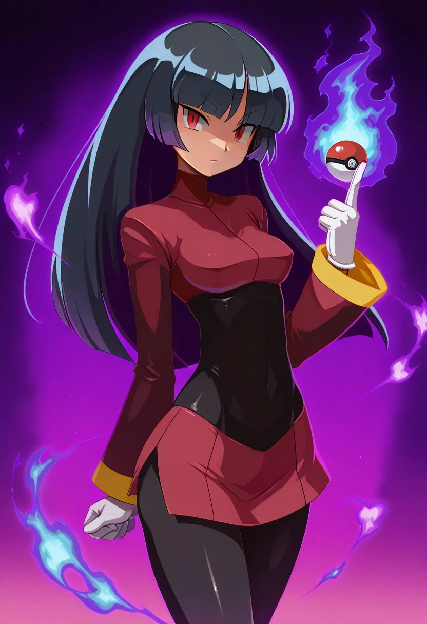 masterpiece, best quality,
zzSabrina, red eyes, long hair, blunt bangs, sabrina (pokemon), purple hair, pantyhose, black hair, long sleeves, red skirt, white gloves, black bodysuit,
one finger up, floating pokeball, purple glow,
purple aura,
purple fire in background,
cowboy shot, looking at viewer, shiny skin,