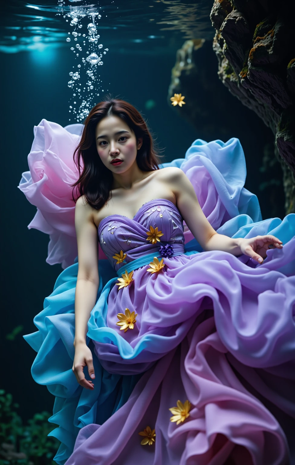 Underwater_Photography,Asian_Girls,Underwater_Photography,A young woman submerged in a dreamlike underwater world,surrounded by cascading waves of purple and blue hues,This is a high-resolution photograph of a young Asian woman submerged in water,capturing a surreal and ethereal underwater scene. The woman has fair skin and dark,curly hair that cascades around her face and shoulders. Her expression is calm and contemplative,with her eyes looking directly at the camera. She is wearing a voluminous,flowing gown **** of layers of sheer,translucent fabric in shades of purple,blue,and pink,creating a dynamic,almost cloud-**** effect around her. The fabric is adorned with delicate,glowing golden flowers,adding a touch of warmth and color to the otherwise cool,blue-toned underwater environment.,
Bubbles are visible around her,adding to the magical and dreamy atmosphere. The background is a dark,shadowy blur,suggesting a cave or deep water environment,with hints of green and brown foliage visible. The lighting is dim,with a blue tint that enhances the underwater ambiance. The overall composition of the image is highly artistic,blending elements of fantasy,fashion,and nature. The photograph exudes a sense of tranquility and otherworldly beauty,emphasizing the woman's connection with the underwater world.,