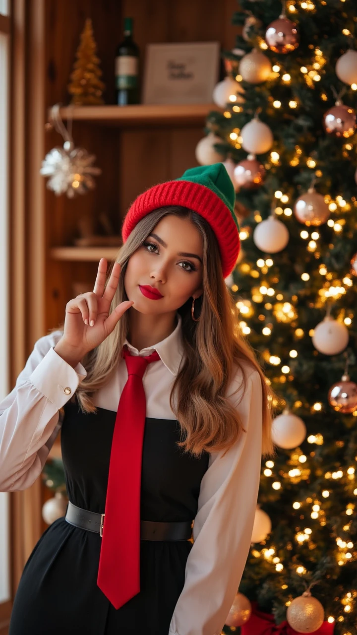 woman selfie in a cozy surrounding, Making V-sign, Functional Tie, Bokeh, Post-Impressionism, High quality, aidmaChristmasOutfit