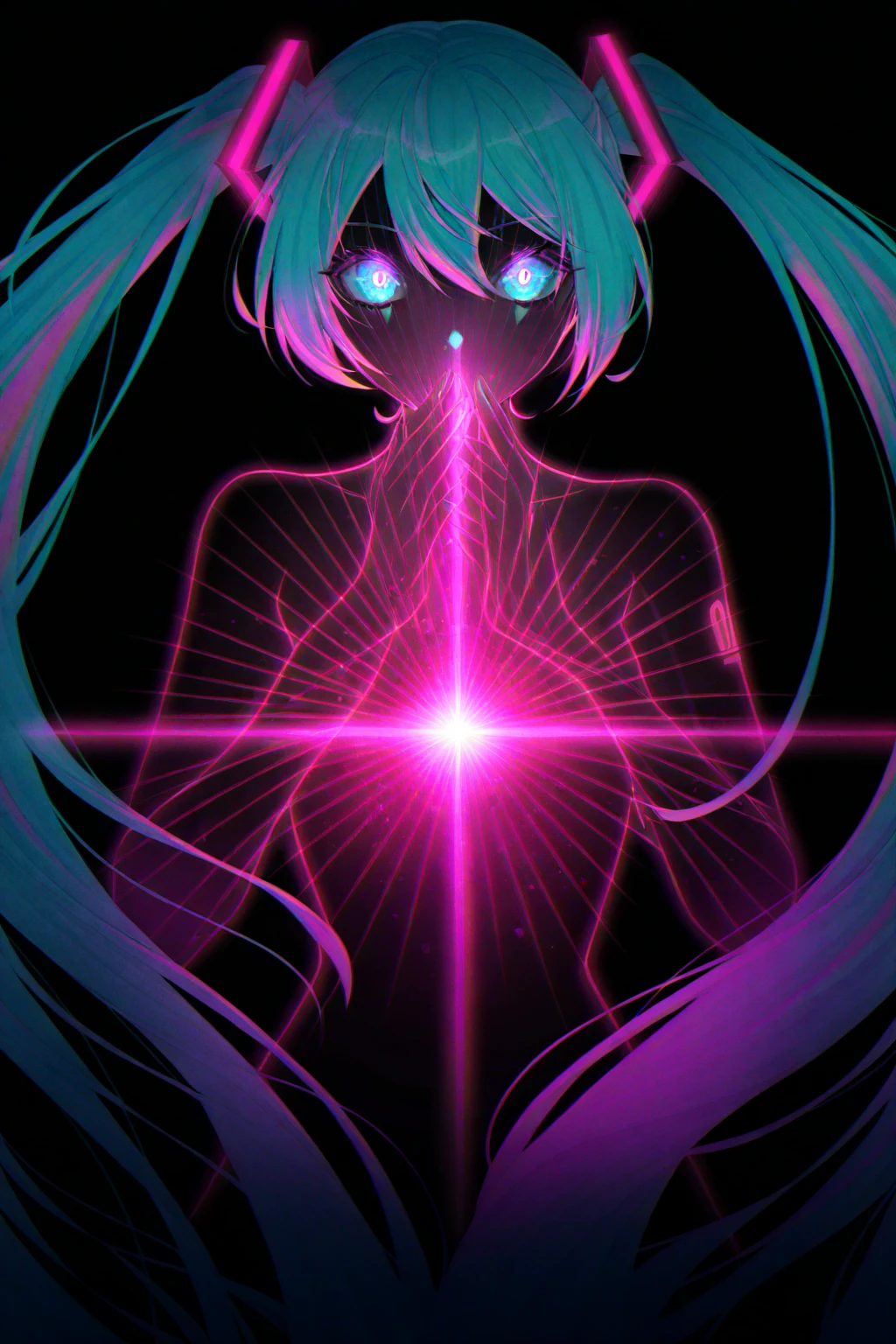 artist:, Hatsune Miku, limited palette, black background, colorful, vibrant, glowing outline, neon, blacklight, looking at viewer, 
(detailed, masterpiece, best quality, good quality, newest, very awa), absurdres, highres, scenery,