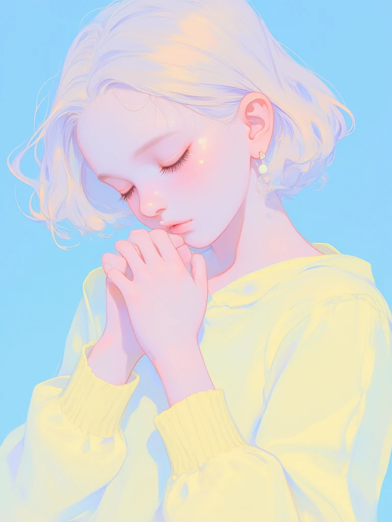 xijie_mihuan,a young girl with blonde hair, She is wearing a yellow top and has a pair of earrings on her left ear, Her eyes are closed and her head is tilted slightly to the side, as if she is sleeping, Her hands are clasped together in front of her chest, The background is a light blue color with a gradient effect, giving the image a dreamy and ethereal feel, The overall mood of the image is peaceful and serene