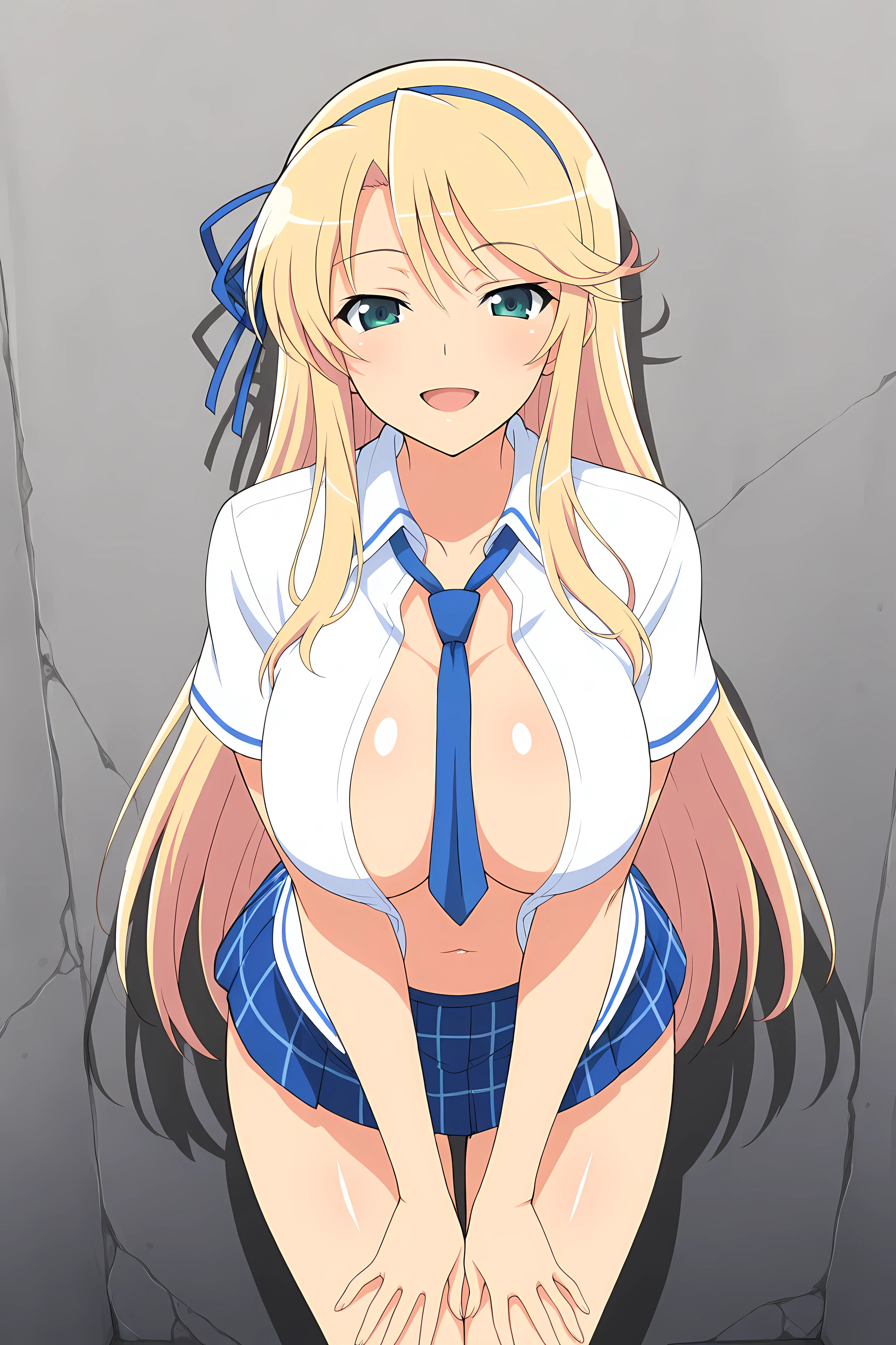 masterpiece, ((sharp expressive eyes)), (((high quality))) 1 girl, senran kagura style, katsuragi, blonde hair, blue hairband, unbuttoned shirt, nipples, smiling