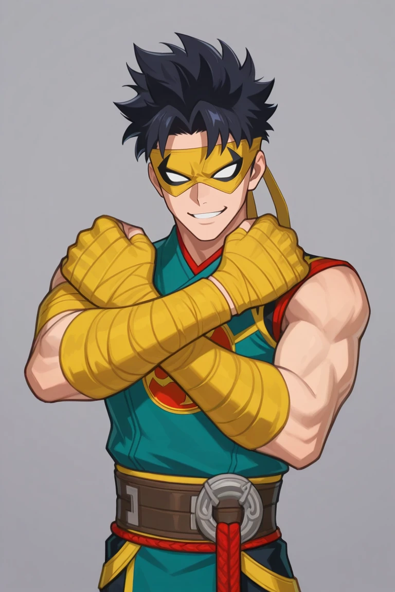 score_9, score_8_up, score_7_up, score_6_up, score_5_up,score_4_up, source_anime
masterpiece, best quality, amazing quality, very aesthetic, absurdres, newest,
 iron fist, black hair, yellow bandana, mask, chinese clothes, green shirt, bandages, 1boy, male focus, solo, short hair, upper body, belt, , smile, no eyes, skinny, slim, white sclera