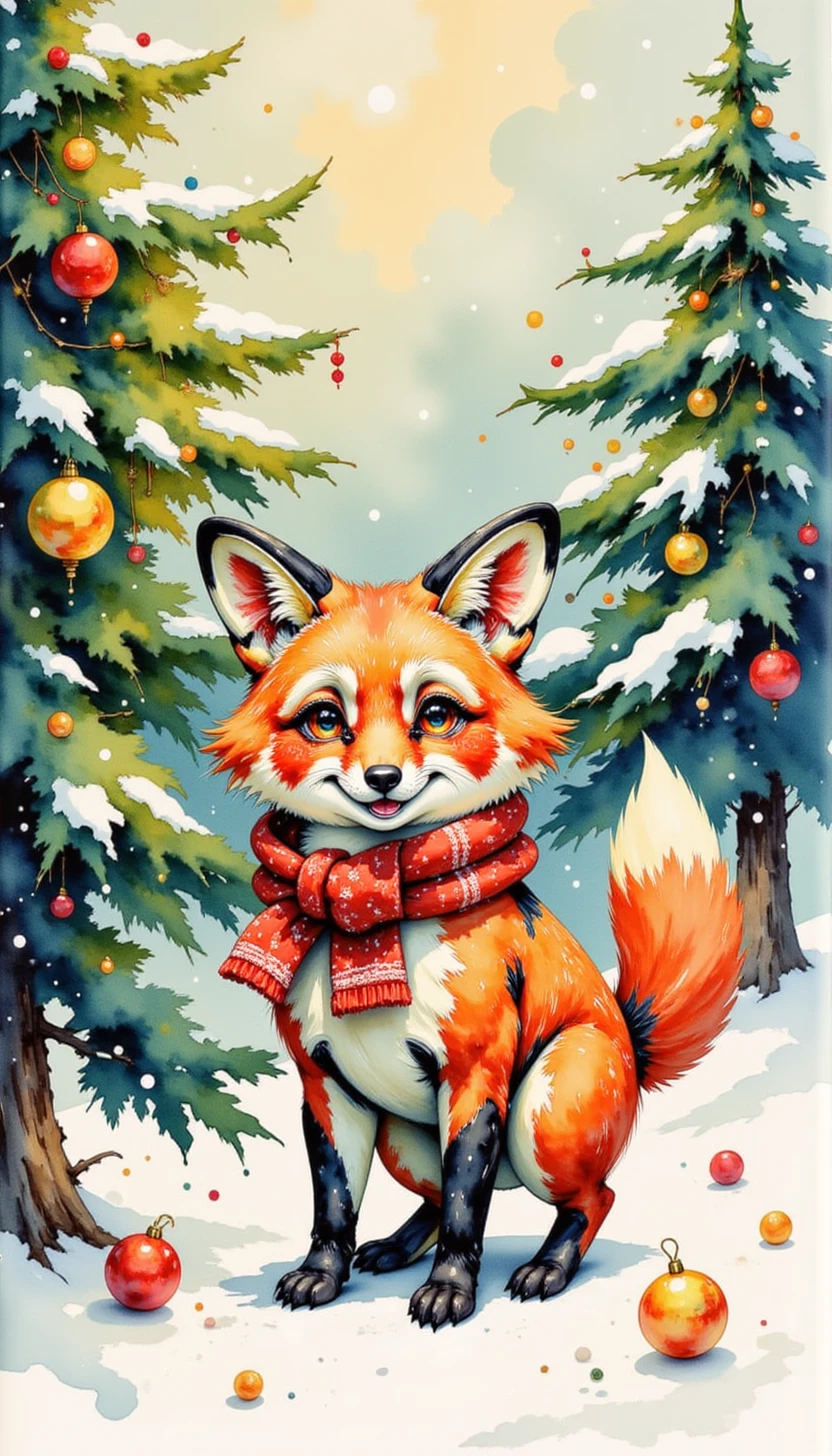 pinkretrochristmaswatercolor, 

A fox wrapped in a knitted scarf, standing beside a Christmas tree in the middle of a snowy forest.