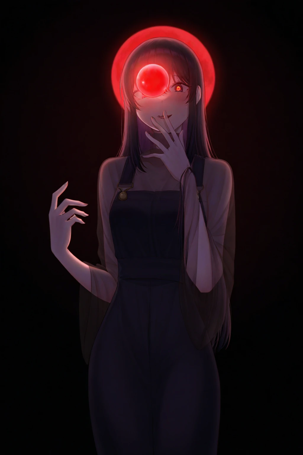 artist:, A spooky digital illustration features a dark, shadowy figure against a deep, almost black background. The figure, likely a woman, is seen from the shoulders up. Her face is hidden in the darkness, making her features hard to distinguish, but glowing red eyes stand out, giving her an eerie vibe. Her hair is long and wild, flying around like she's caught in a gust of wind.
She's reaching up with her right hand, fingers slightly spread, and holding a glowing red orb that looks like a small, full moon. The orb casts a faint red light, adding to the creepy atmosphere. Her left arm is bent, with the hand hanging loosely by her side. She's wearing a flowing, see-through black garment with intricate, almost ghostly patterns that add to the mysterious feel.
The overall color scheme is dark and moody, with the red glow of her eyes and the orb providing the only bright spots. The texture is smooth with a bit of graininess, giving it a gritty, old-school film look. The image captures a sense of foreboding and otherworldly presence.
(detailed, masterpiece, best quality, good quality, newest, very awa), absurdres, highres,