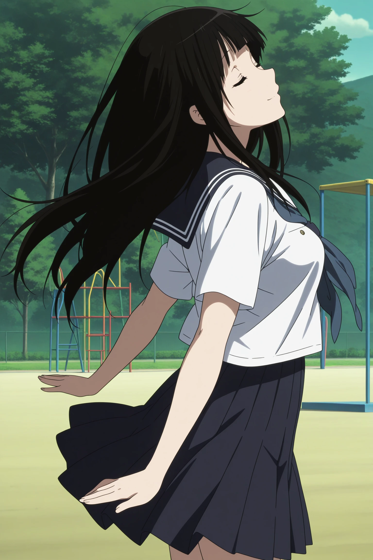 masterpiece, best quality, amazing quality, highres, absurdres, very aesthetic, high resolution, ultra detailed, perfect details, 1girl, solo, outdoors, school, playground, medium breasts, chitanda eru, black hair, long hair, blunt bangs, purple eyes, serafuku, short sleeves, white shirt, blue sailor collar, blue neckerchief, blue skirt, pleated skirt, white kneehighs, loafers, <lora:Eru_Chitanda_ILXL:0.8>, (aged up:1.2), (cowboy shot:1.5), (pose:1.3), anime coloring, looking at viewer, smile, wind, floating hair, (from side:1.5), (closed eyes:1.5), spread arms