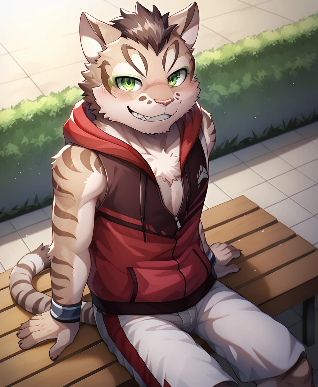 <lora:add-detail-xl:3>, detailed, detailed eyes, detailed fur, male, solo, <lora:Shu-ChiXL:1>, yan shu chi, looking at viewer, smile, blush, hoodie, sleeveless, white shorts, sitting, bench, grin,