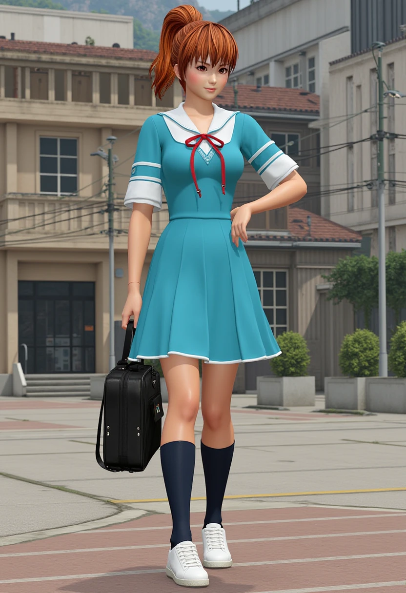 A detailed solo portrait.
CG,  sharp, high contrast and highly detailed., 
 <lora:doa6_kasumi_v1_1-000004:1> kasumi_doa6,, 
She is wearing a school uniform that includes an aqua blue dress with short sleeves and a white collar. The dress has a fitted waistline and falls above the knees, with a red ribbon tied at the neck. Underneath, the character wears a white blouse that has partially slipped off her shoulders, giving a slightly disheveled look. The character is posed standing with one hand holding a black school bag by her side. She wears dark socks that reach slightly above the ankles and white shoes. Her expression appears calm and thoughtful, and her posture is relaxed, with her weight shifted onto one leg. The overall look gives a slightly casual, unbothered vibe. Full body, wide angle, smiling. no gloves, high ponytail.