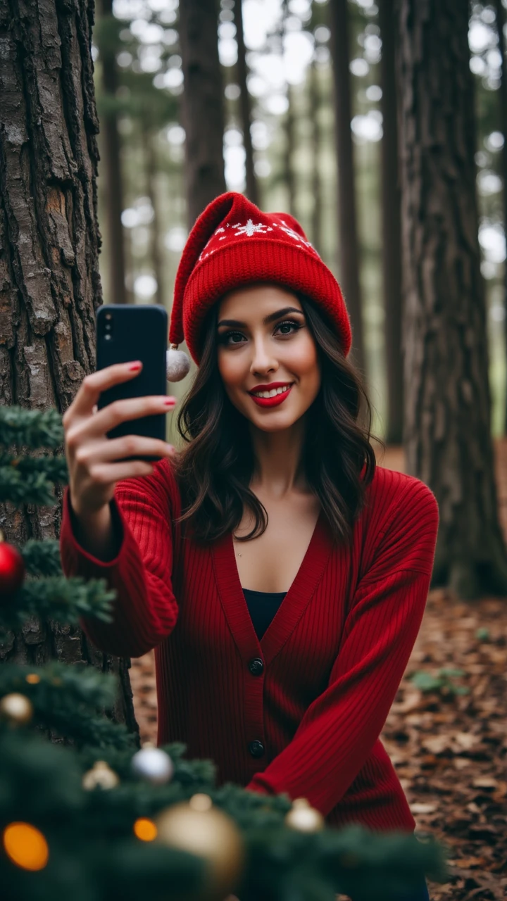 forest, hip level shot of a (woman selfie in a cozy surrounding:1.2) , and the genre is dubstep Bokeh, Illustration, Monochrome, aidmaChristmasOutfit