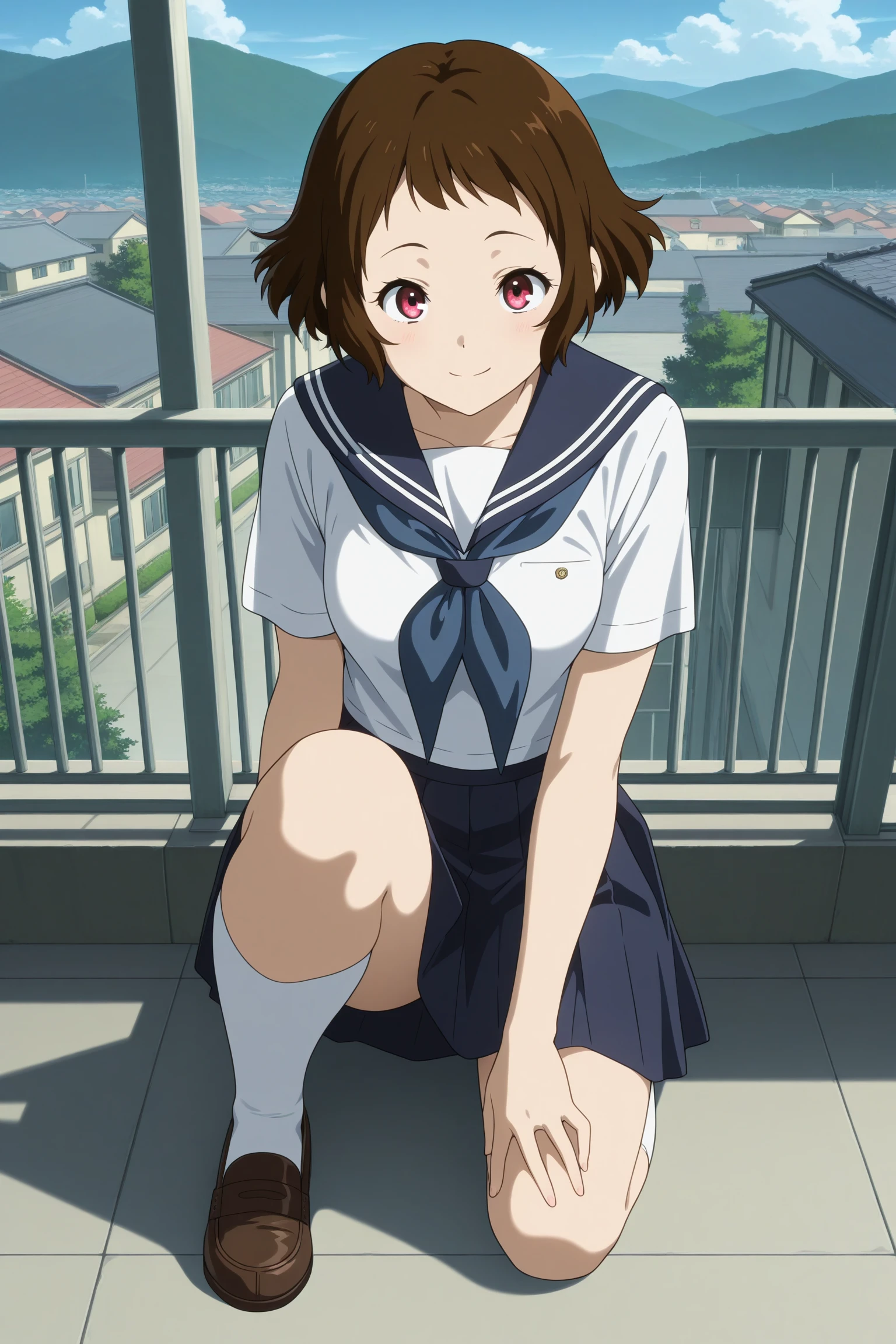 masterpiece, best quality, amazing quality, highres, absurdres, very aesthetic, high resolution, ultra detailed, perfect details, 1girl, solo, outdoors, school, rooftop, village, medium breasts, ibara mayaka, short hair, short bangs, brown hair, red eyes, serafuku, short sleeves, white shirt, blue sailor collar, blue neckerchief, blue skirt, pleated skirt, white kneehighs, loafers, <lora:Mayaka_Ibara_ILXL:0.8>, (aged up:1.2), (full body:1), smile, (pose:1.1), looking at viewer, anime coloring