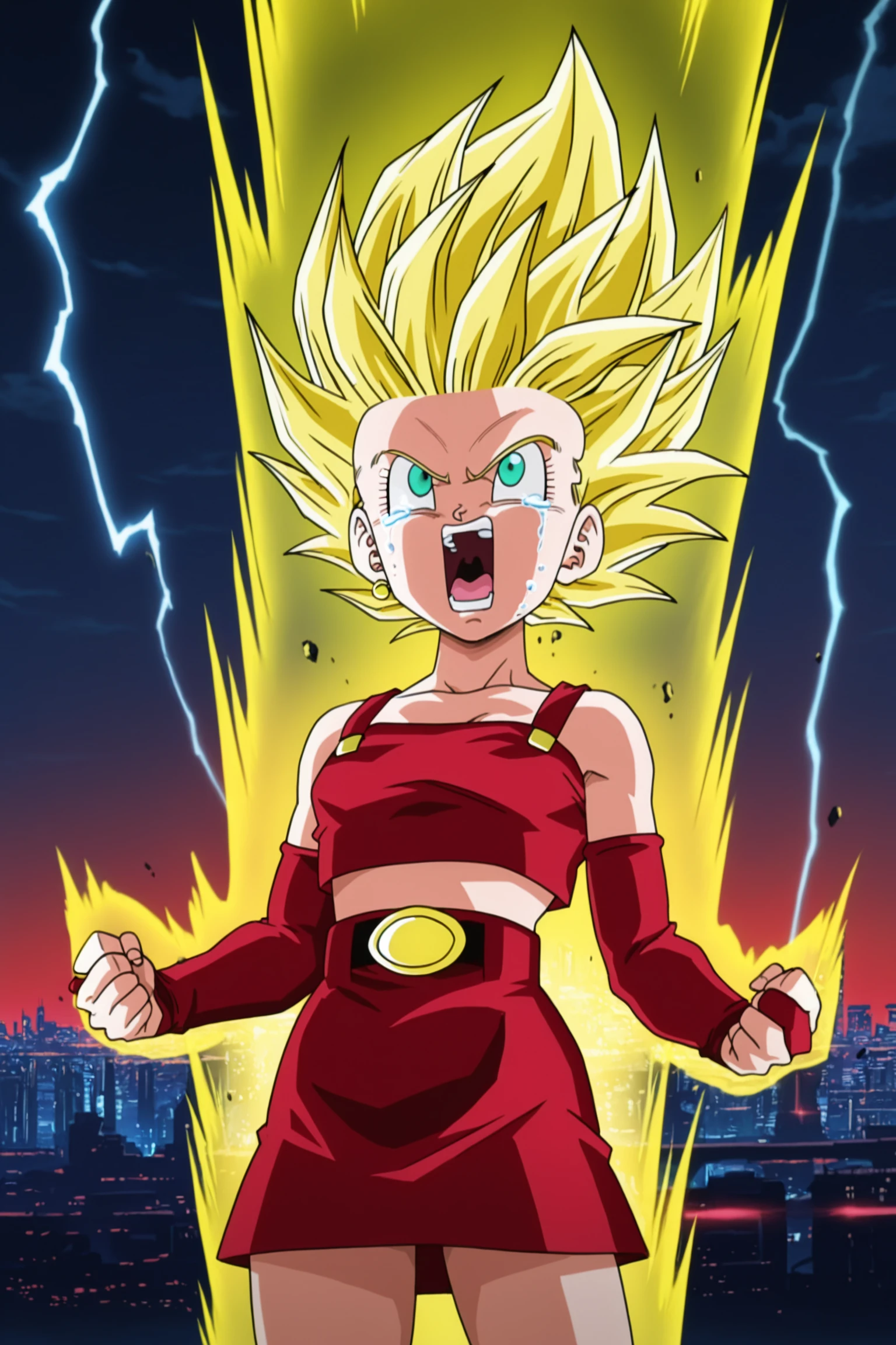 anime screencap, masterpiece, best quality, amazing quality, very aesthetic, absurdres,  newest, (scenery, volumetric lighting),BREAK
bra \(dragon ball\), (dragon ball gt), official style, 1girl, solo, super saiyan, blonde hair, green eyes, spiked hair, floating hair, floating tears, red miniskirt, red crop top, angry, destruction, night, glowing, gold aura, city, cowboy shot, bridal gauntlets, destruction, red hue, lightning, belt, light rays, screaming, teeth, 
 <lora:Bra_IL:0.8>
masterpiece, best quality, amazing quality, very aesthetic, absurdres,  newest, (scenery, volumetric lighting),