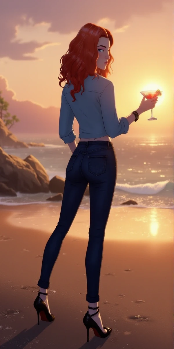 <lora:Blue_Eye_Samurai_Style:0.9> blue eye samurai style, full body, a redhead curly hair  woman wears a buttondown shirt and jeans and higheels and holds a cocktail on the beach at sunset