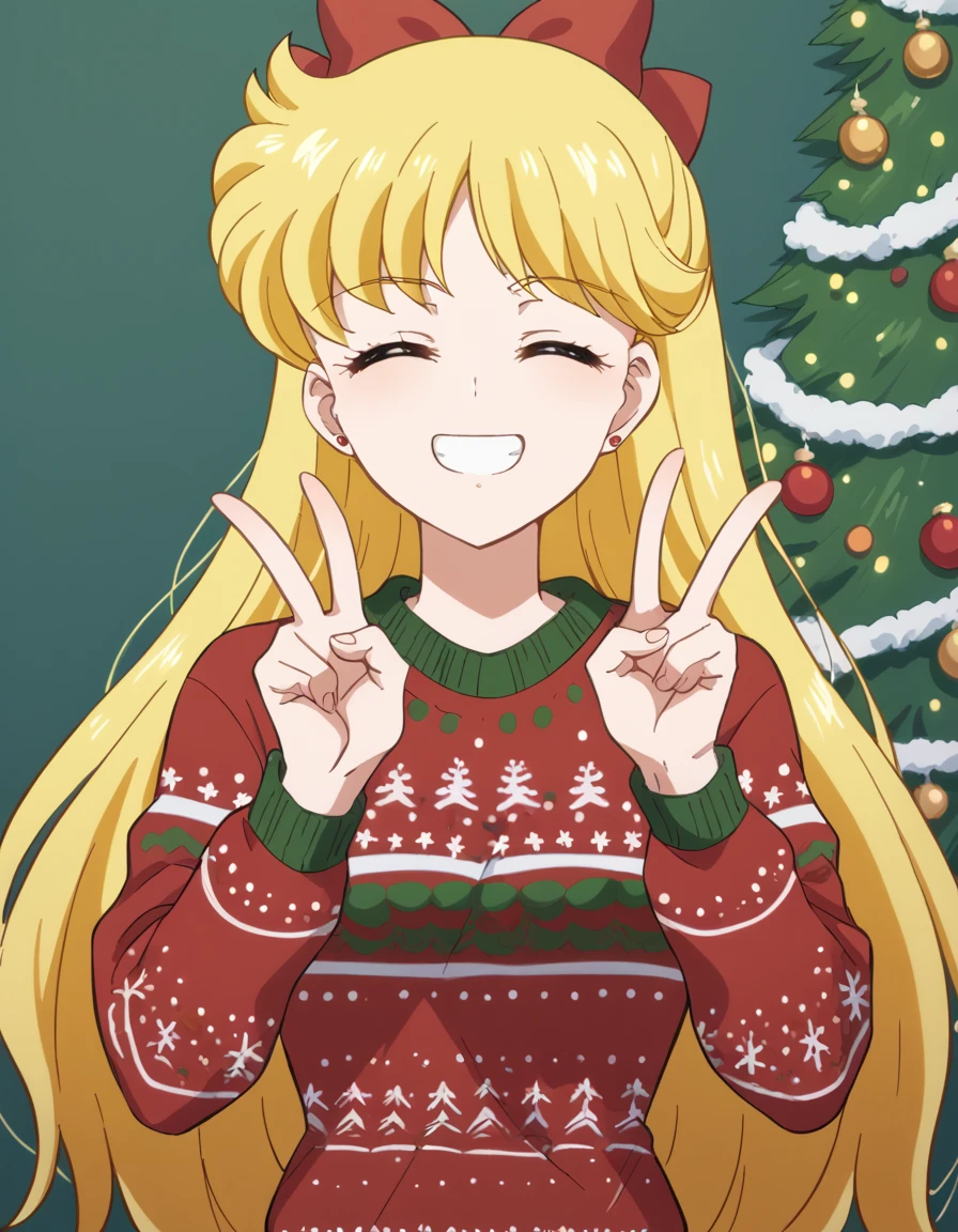 score_9, score_8_up, score_7_up, source_anime, <lora:minako-aino-eternal-movie1-ponyxl-lora-nochekaiser:1>, minako aino, blonde hair, bow, hair bow, half updo, long hair, red bow, tiara, medium breasts, <lora:christmas-sweater-ponyxl-lora-nochekaiser:1>, christmas sweater, christmas, ugly sweater, print sweater, red sweater, christmas tree, christmas ornaments, sweater, multicolored sweater, , v, smile, hands up, teeth, closed eyes, cowboy shot,