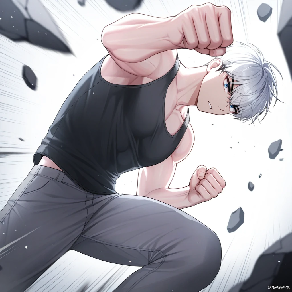 masterpiece, best quality, 1boy, solo, white hair, blue eyes, black tank top, pants, speed lines, debris, light particles, manhwa, incoming attack, incoming punch, raised fist,