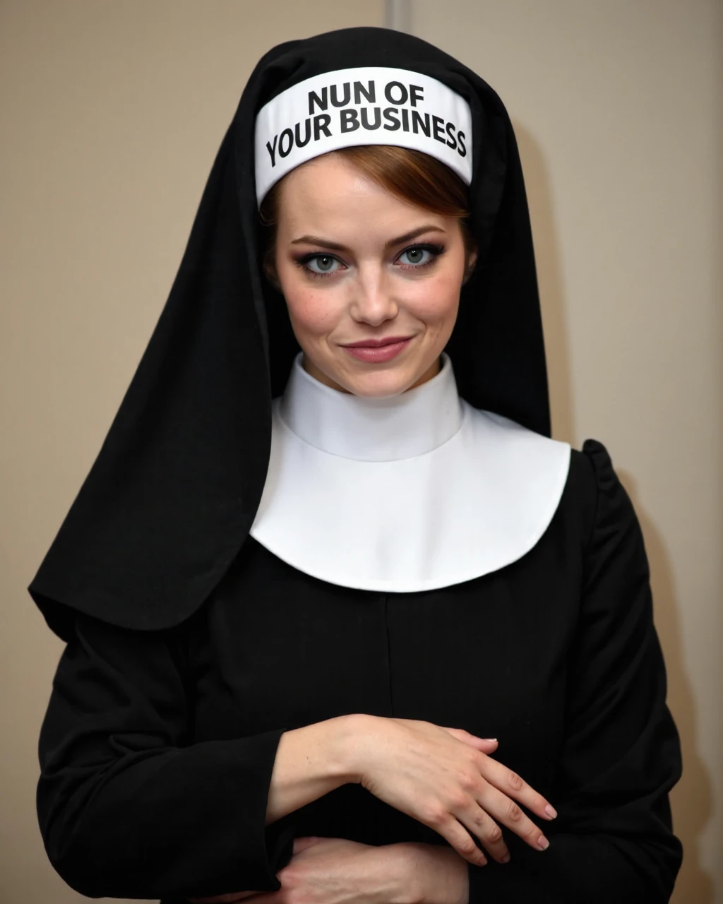 A high-resolution photograph of a emma_stone wearing a traditional habit. She is dressed in a black veil and a white wimple, with a black habit underneath. Her headgear also includes a white headband with bold black text reading "NUN OF YOUR BUSINESS." Her expression is neutral. Her hands are folded across her chest, and her posture is confident. The background is a plain, beige-colored surface, which contrasts with the nun's attire, emphasizing her as the focal point. The lighting is soft and diffused, eliminating harsh shadows and giving a subtle, even illumination to the entire scene. The photograph is taken from a slight distance, capturing the nun in full, from the waist up. The image exudes a sense of authority and professionalism, juxtaposing the traditional religious garb with a modern, business-like message.