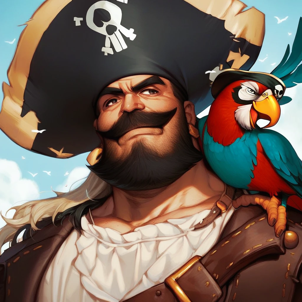 male focus, score_9, score_8_up, score_7_up, <lora:BirdOnShoulderV1:1> 1boy, beard, facial hair, mustache, hat, pirate hat, pirate, old, old man, black hair, Parrot on shoulder, Parrot, bird, bird on shoulder, animal on shoulder