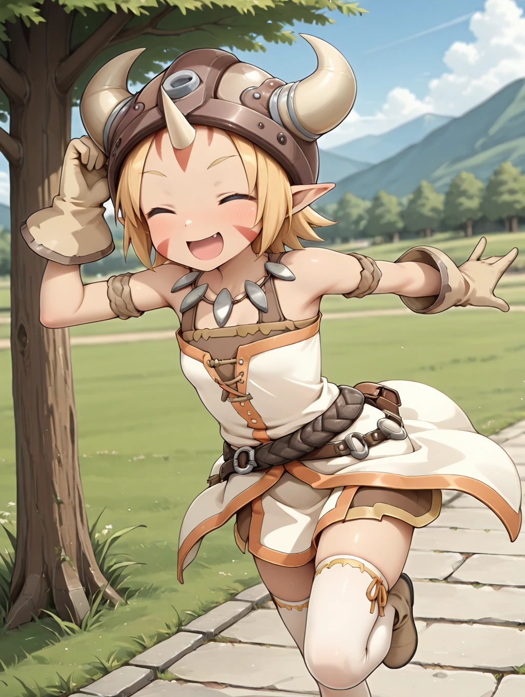 1girl, solo, Gob, blonde hair pointy ears, short hair, blue eyes, facial marks, helmet, horns, single horn, white clothes, gloves, belt, necklace, white thighhighs, 

outdoors, happy, closed eyes, running, (dynamic pose) having fun, playing,

masterpiece, best quality,amazing quality, very aesthetic, absurdres, depth of field, blurry background, extremely detailed face, detailed eyes