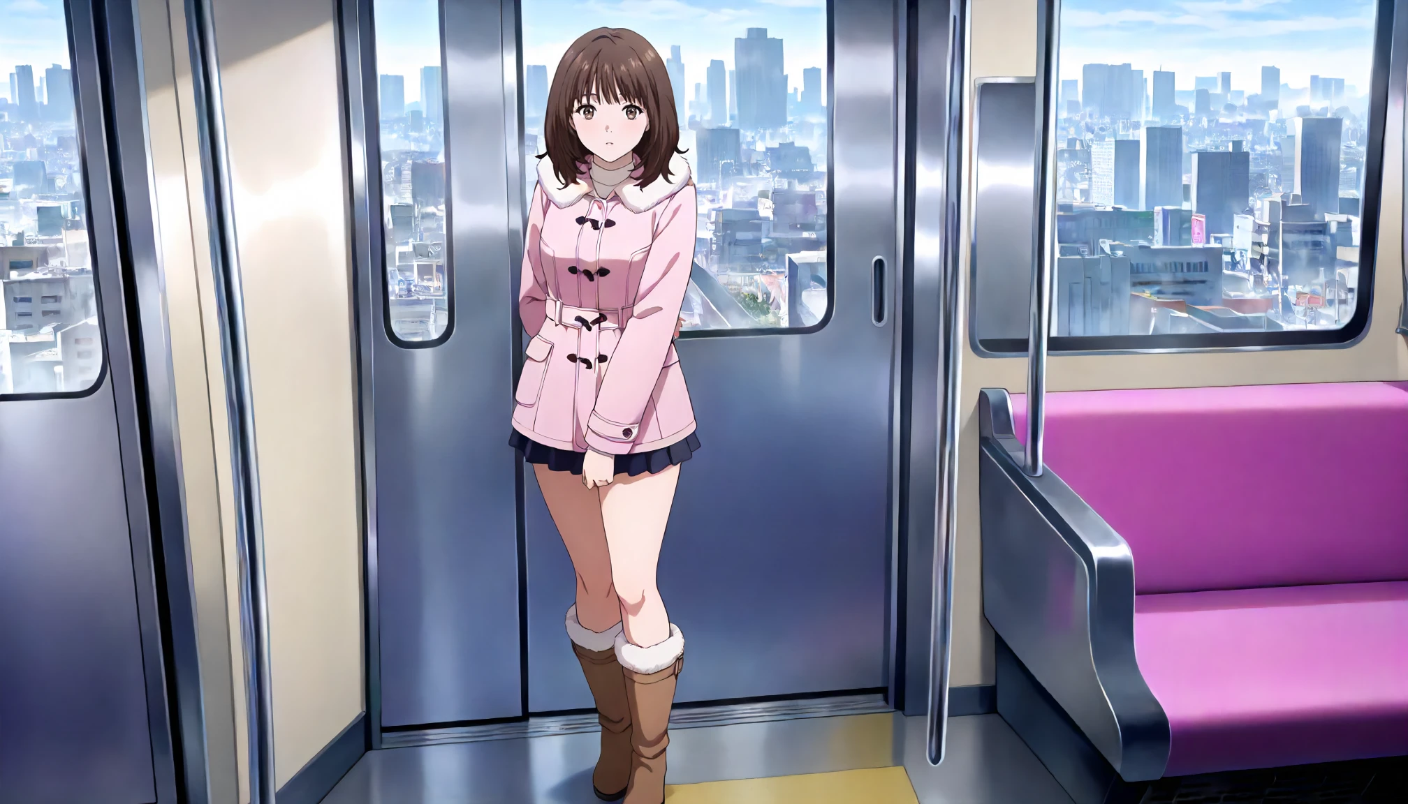 <lora:Is_IoriYoshizukiXLIllustrious001>,
masterpiece,best quality,good quality,newest,
detailed background,on the train,city,glitter,
looking at viewer,
solo,
IoriYoshizuki,1girl,brown hair,medium hair,brown eyes,
winter_coat,pink coat,fur trim,
miniskirt,
boots,
standing,