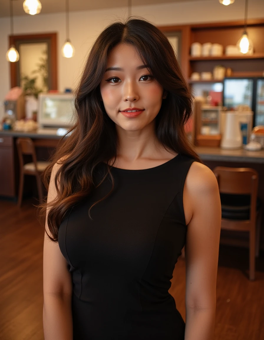 <lora:Hyoon_Flux:1>  beautiful detailed photograph, hair cascading over her shoulders, wearing a boatneck dress, standing in a cafe looking at the viewer, smile