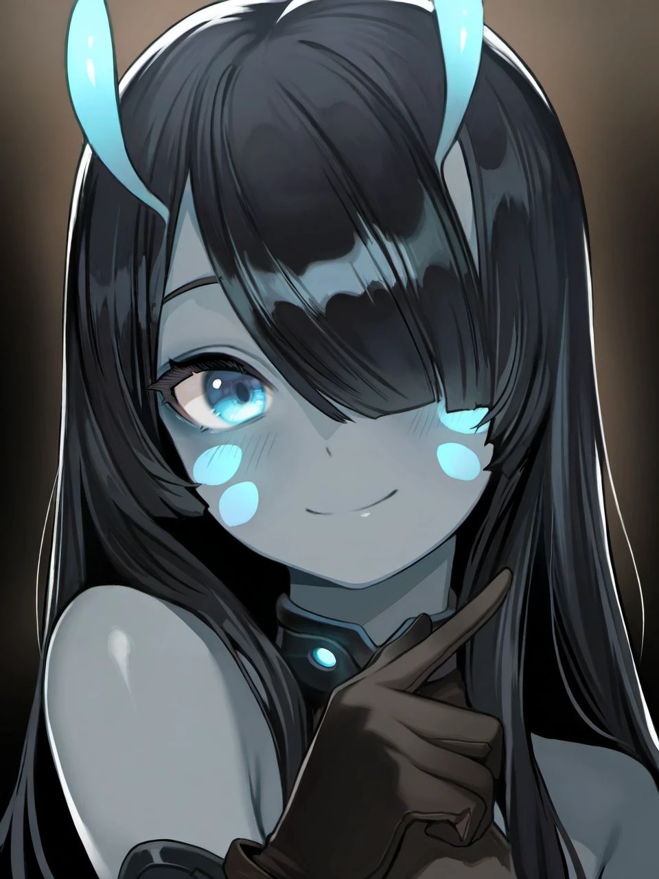 masterpiece, best quality, amazing quality, very aesthetic, high resolution, 
moyo, antennae, facial mark, grey skin, 1girl, solo, long hair, looking at viewer, smile, bangs, blue eyes, black hair, gloves, bare shoulders, closed mouth, upper body, horns, black gloves, hair over one eye, colored skin,
<lora:moyo_race_v2-000007:0.9>,