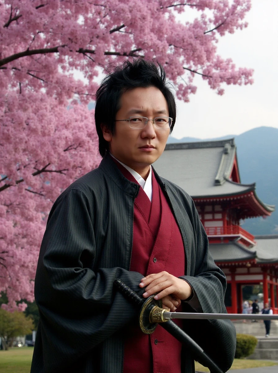 <lora:Hiro:0.9> hiro nakamura, a man with glasses. full body. He's dressed as a samurai and holds a katana sword. Blooming cherry tree and japanese temple