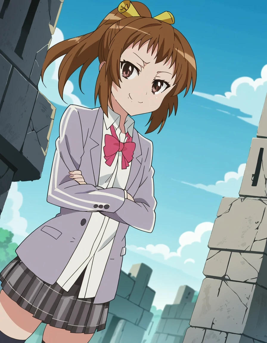 score_9, score_8_up, score_7_up, source_anime, <lora:tamao-kurei-s2-ponyxl-lora-nochekaiser:1>, tamao kurei, brown hair, brown eyes, ponytail, hair ornament, anime screencap, skirt, thighhighs, school uniform, zettai ryouiki, blazer, plaid, plaid skirt, pleated skirt,, ruins, old, stone, history, fallen, , crossed arms, smug, looking at viewer, solo,, dutch angle, cowboy shot