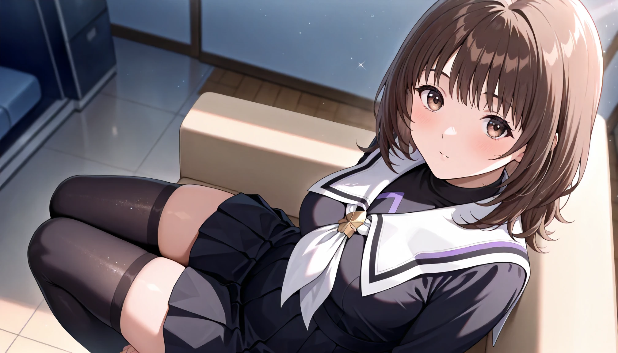 <lora:Is_IoriYoshizukiXLIllustrious001>,
masterpiece,best quality,good quality,newest,
detailed background,indoors,glitter,
looking at viewer,
solo,
IoriYoshizuki,1girl,brown hair,medium hair,brown eyes,
white sailor collar,black dress,white neckerchief,
pleated dress,
black thighhighs,
sitting,