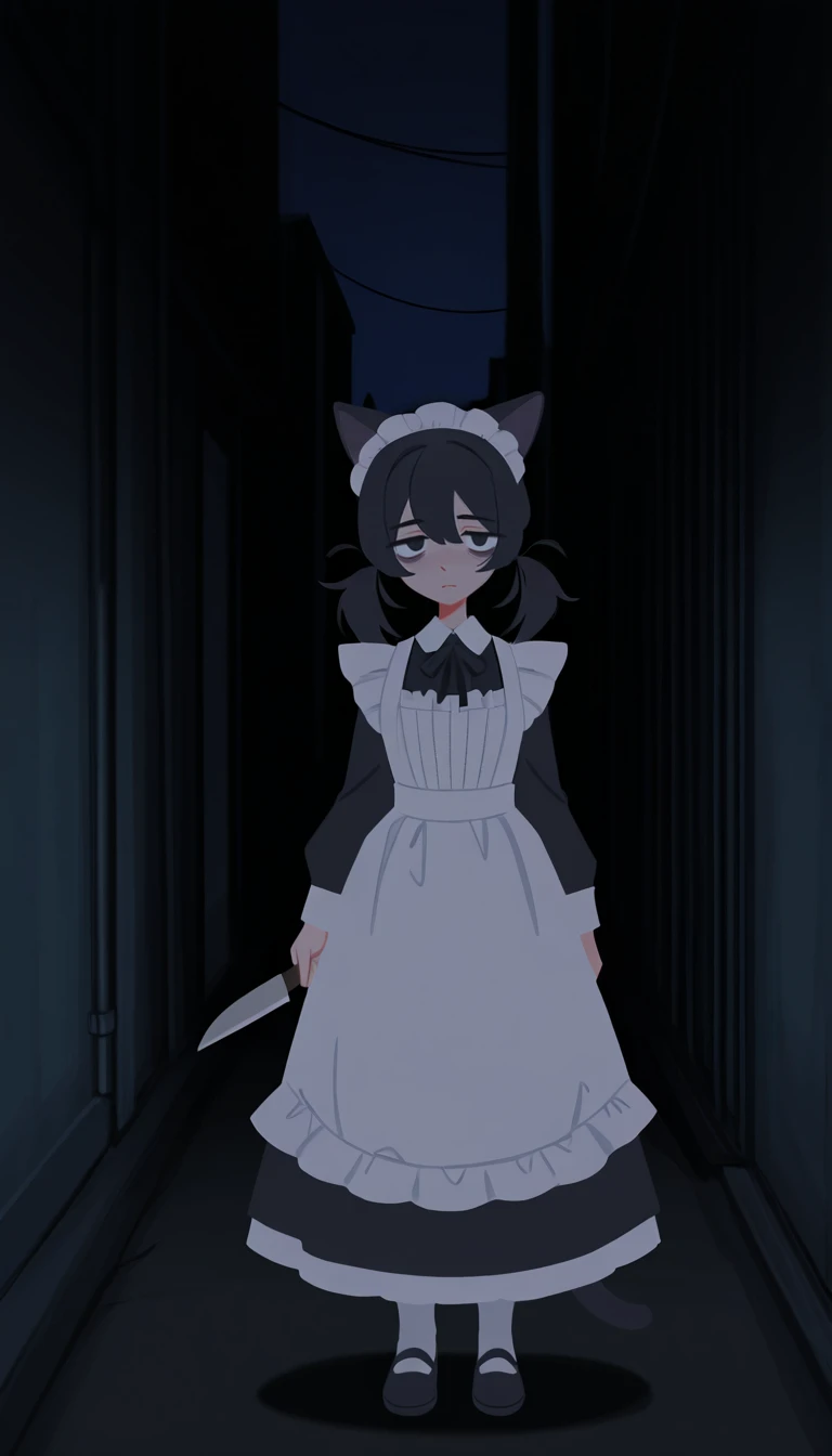 1girl, solo, twintails, black hair, black eyes, slight frown, bags under eyes, tired eyes, cat ears, tail, maid, full body, holding knife, pointing at viewer, looking at viewer, pov, dark alley way, night, shadow, low light, midnight, <lora:BrushlineStyle_IllustXL:1.1>, flat color,