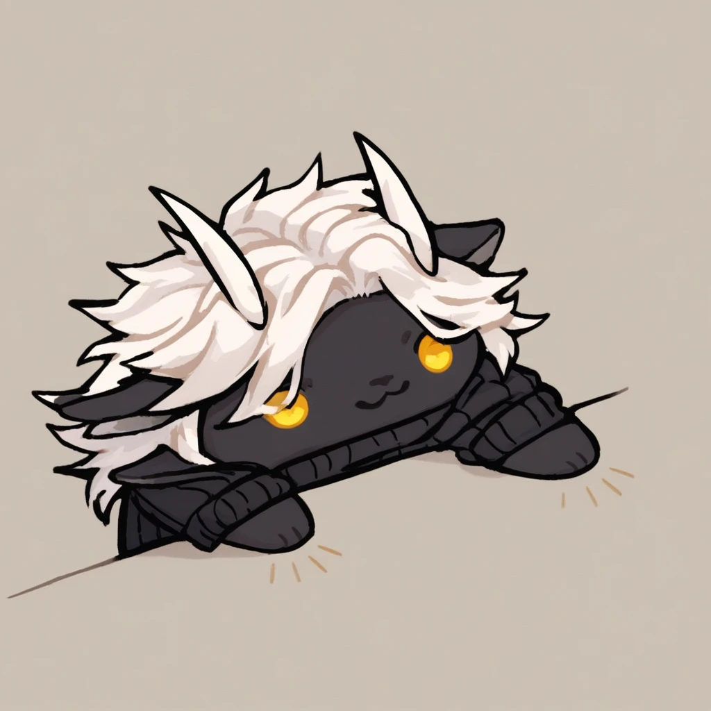 score_9, mikus-concept, upper body, eyes dot, black fur, yellow eyes, white hair, white horns, black sweater, white hair, black line