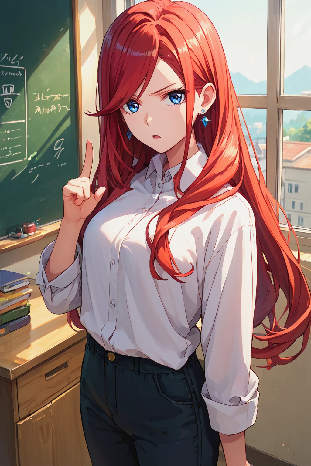 score_9, score_8_up, score_7_up, source anime,
standing, looking at viewer, index finger raised, open mouth, unamused,
1girl, <lora:5-Toubun - Nakano Rena v1.2:0.8> , nakano rena, long hair, swept bangs, blue eyes, earrings,
collared shirt, white shirt, black pants,
indoors, blackboard, window, sunlight,